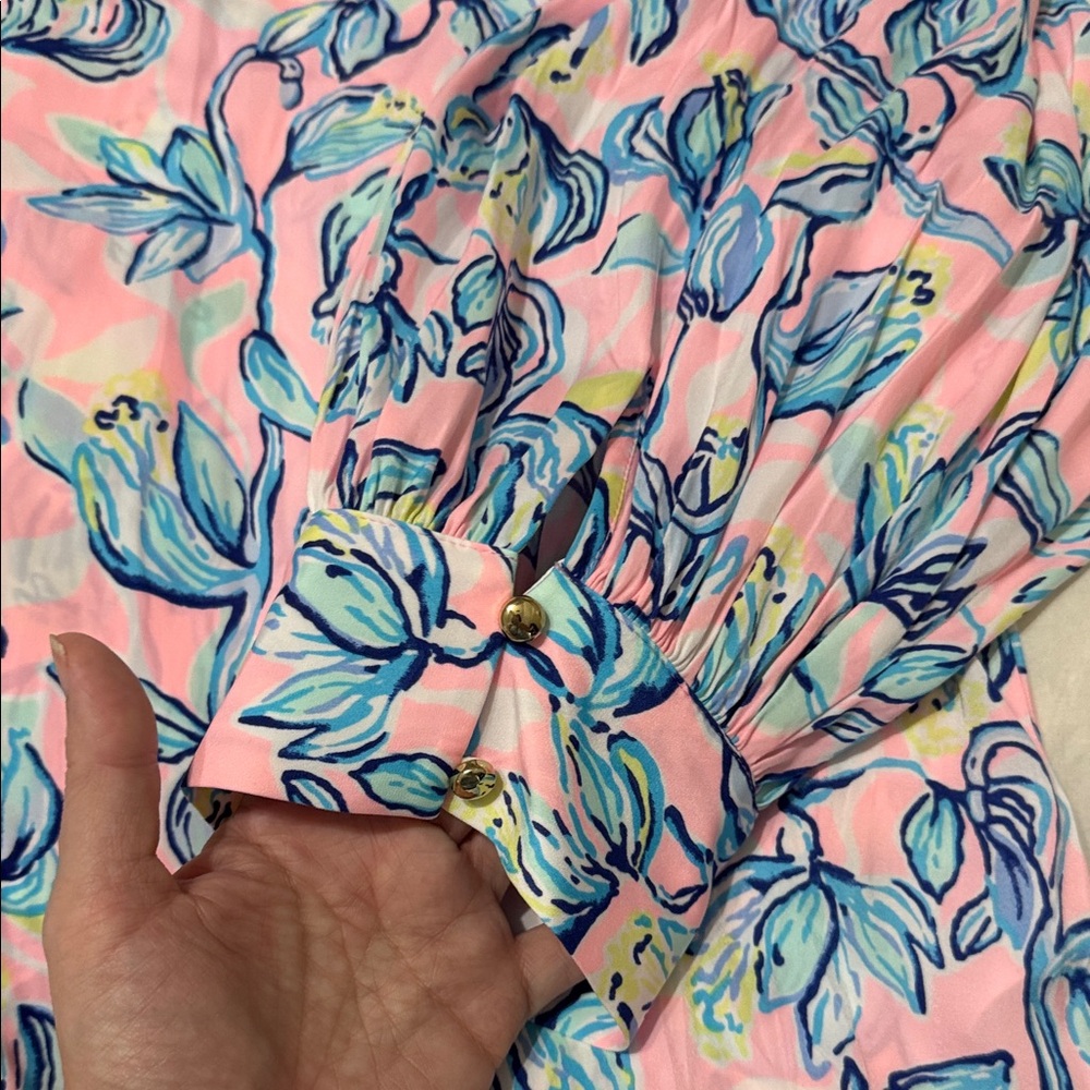 Lilly Pulitzer Maisel Pink Blue Top Floral Long Sleeve Gold Buttons NEW XL 14 16 - Picture 4 of 13